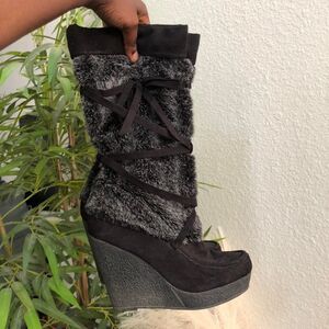 Y2K Gothic Grunge Subversive Lace up faux fur lace tie up wedge heel boots Cyber